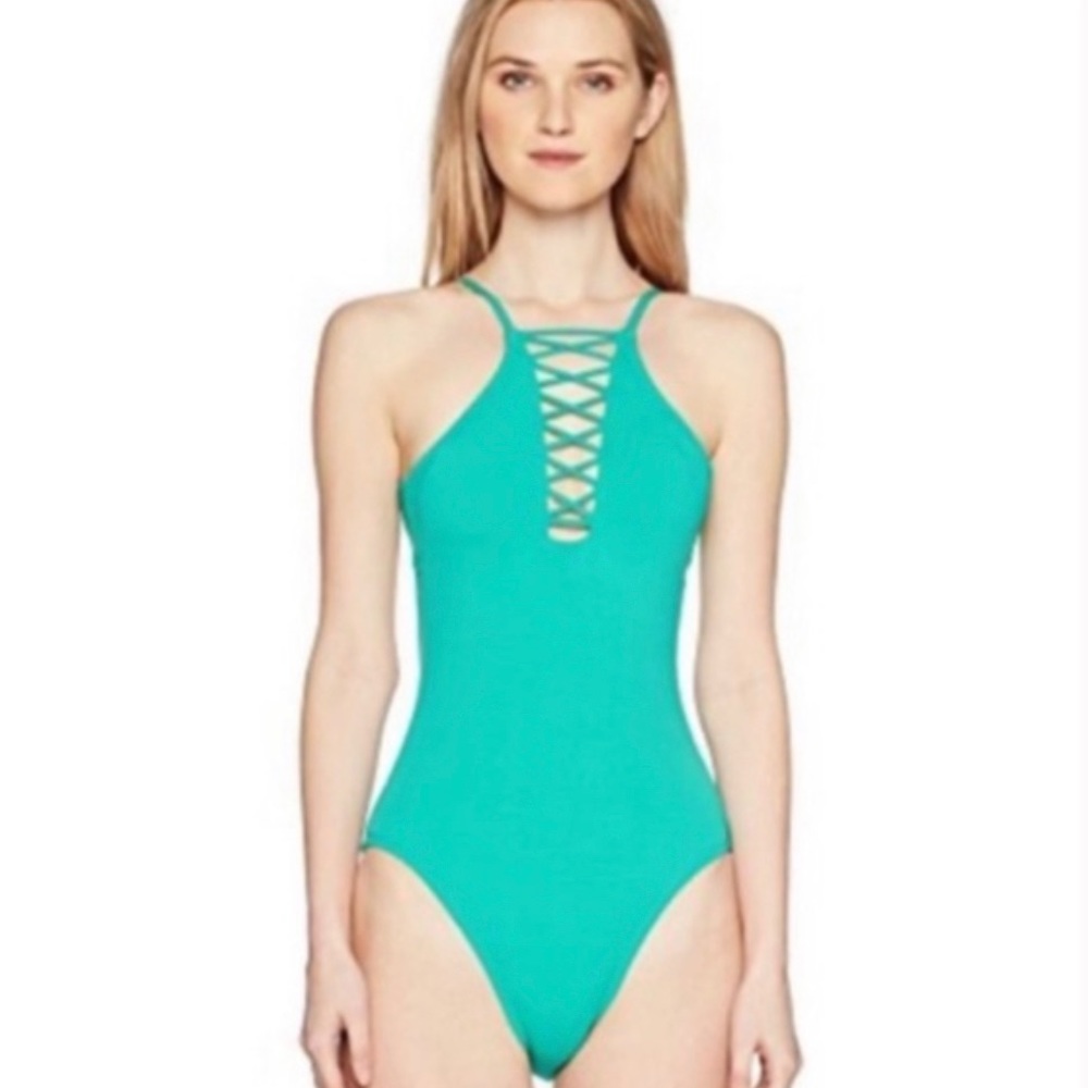 Hobie High Neck Strappy Front Sea-Glass Solid One-piece Swimsuit